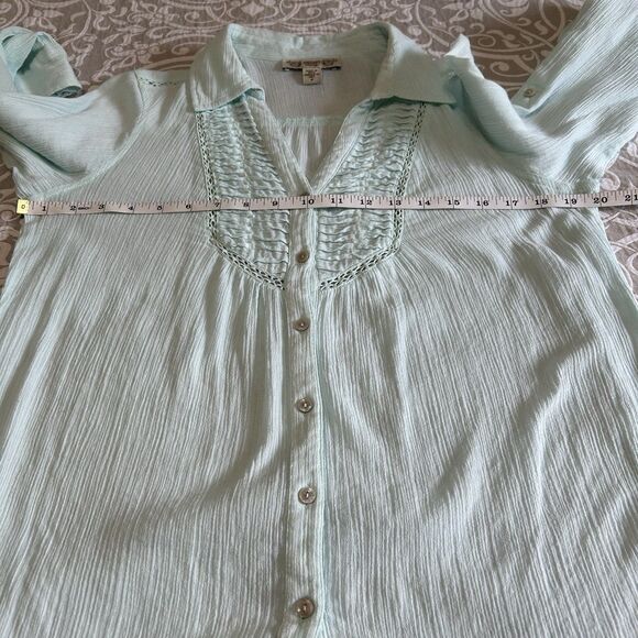 Vintage America Blouse Women S Mint Green Crinkle Pleat Lace Roll Tab Button Up - Picture 4 of 12